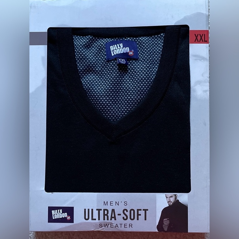 XXL  V-neck Billy London UK Men's Ultra-Soft Designer Sweater In Damaged Box Blk
